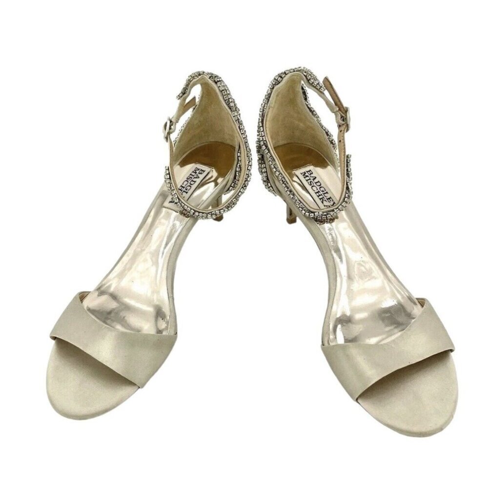 Badgley Mischka Yareli Beige Satin Kitten Heel Rhinestone Sandals SZ 7.5 - Picture 4 of 12